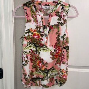 Natori Pink, Green & White Floral Sleeveless V-Notch Shell